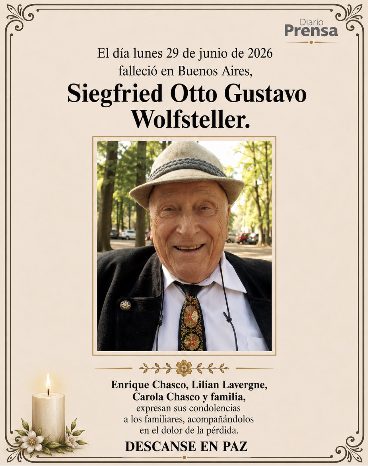 Condolencias | Siegfried Otto Gustavo Wolfsteller